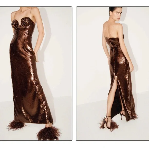 Roses Sequined Bustier Evening Gown In Mocha Shine, High-end Sequin Maxi - Picture 6 of 12